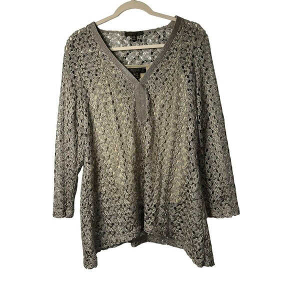 PICADILLY FASHIONS Silver Knit Sweater Top Womens M | Long Sleeve Swim Cover-Up - Picture 2 of 7